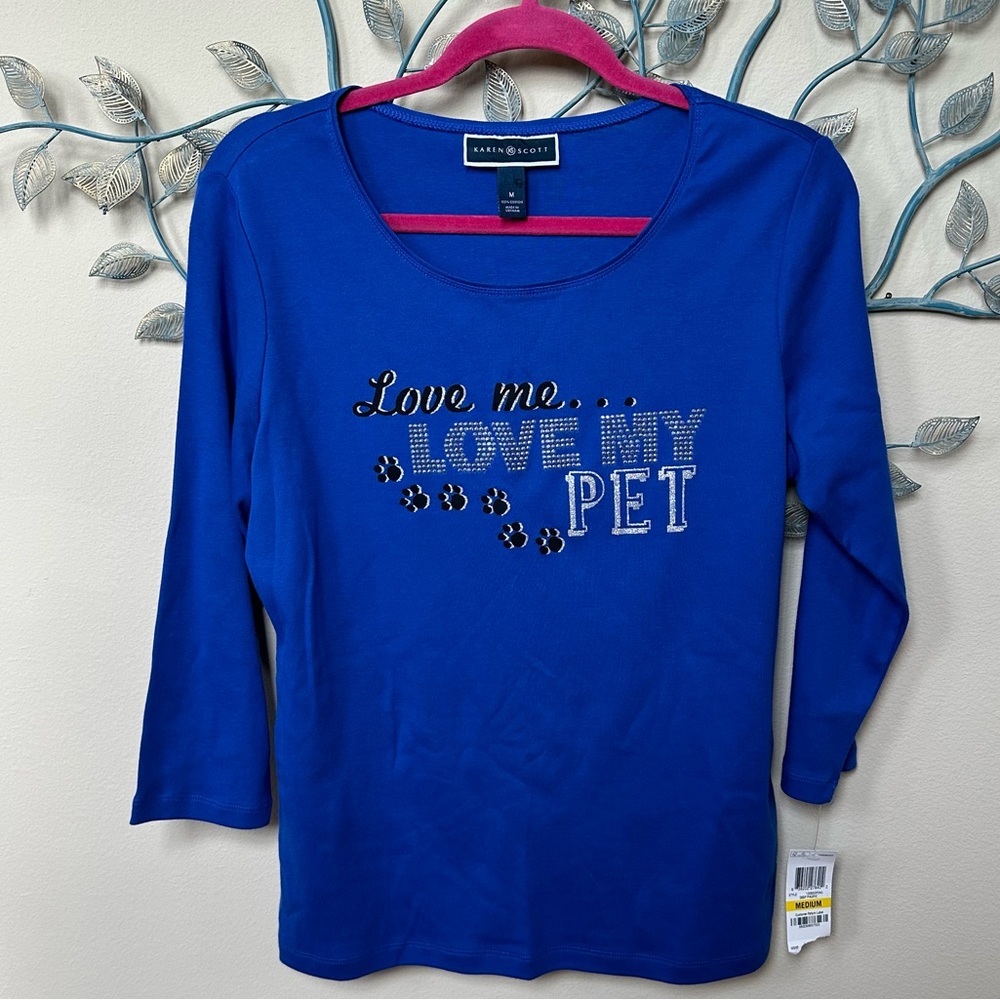 ❤️Karen Scott “Love Me Love My Pet” embellished top Sz M NWT CLEARANCE